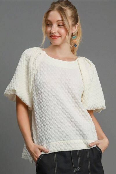 Umgee Full Size Boxy Cut Jacquard Round Neck Top with Side Slit Plus Size - Clothes For Her Online Store