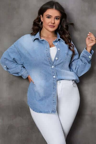 Plus Size Button Up Pocketed Denim Top - Clothes For Her Online Store