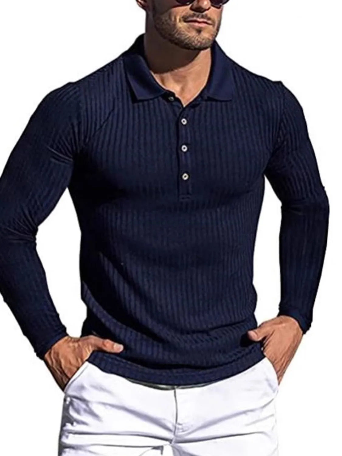 Men's Full Size Button Detail Long Sleeve Polo Plus Size