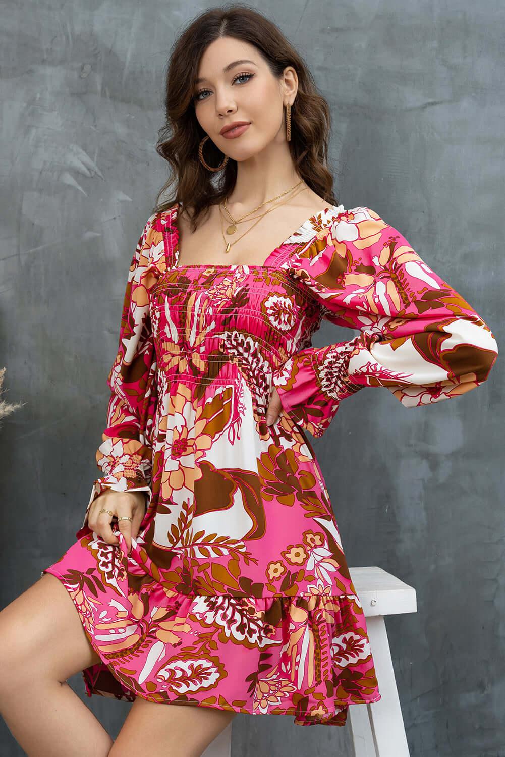 Floral Square Neck Flounce Sleeve Dress - Clothes For Her Online Store