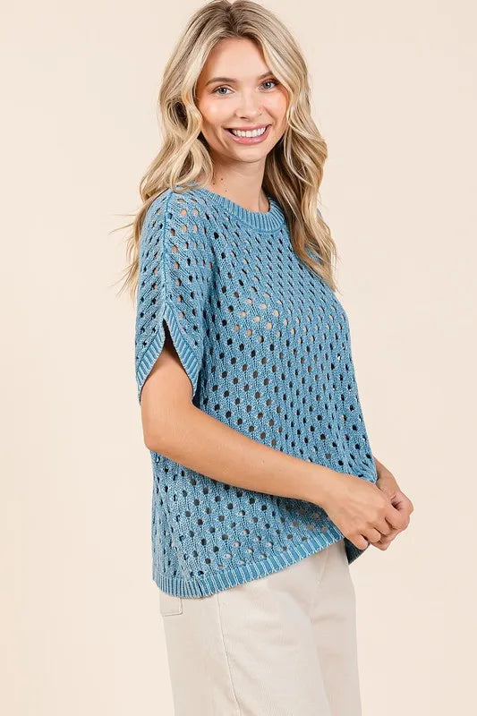 Mittoshop Mineral Wash Openwork Short Sleeve Knit Cover Up