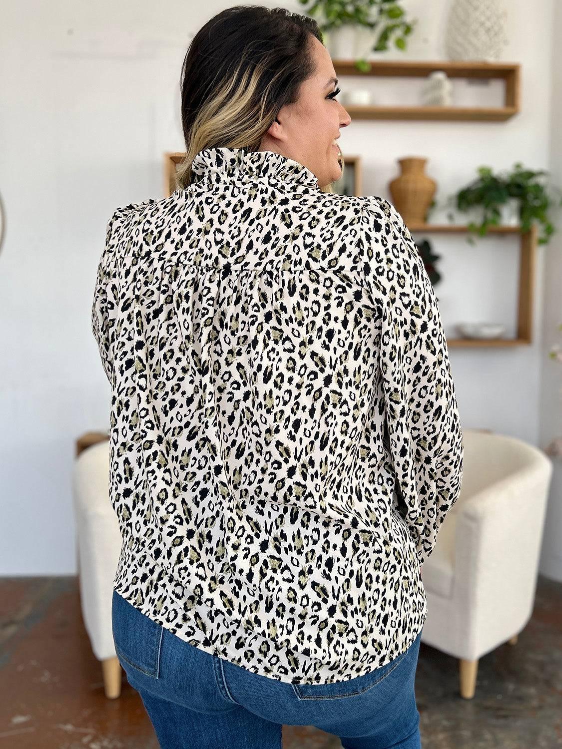 Double Take Full Size Leopard Long Sleeve Blouse - Clothes For Her Online Store