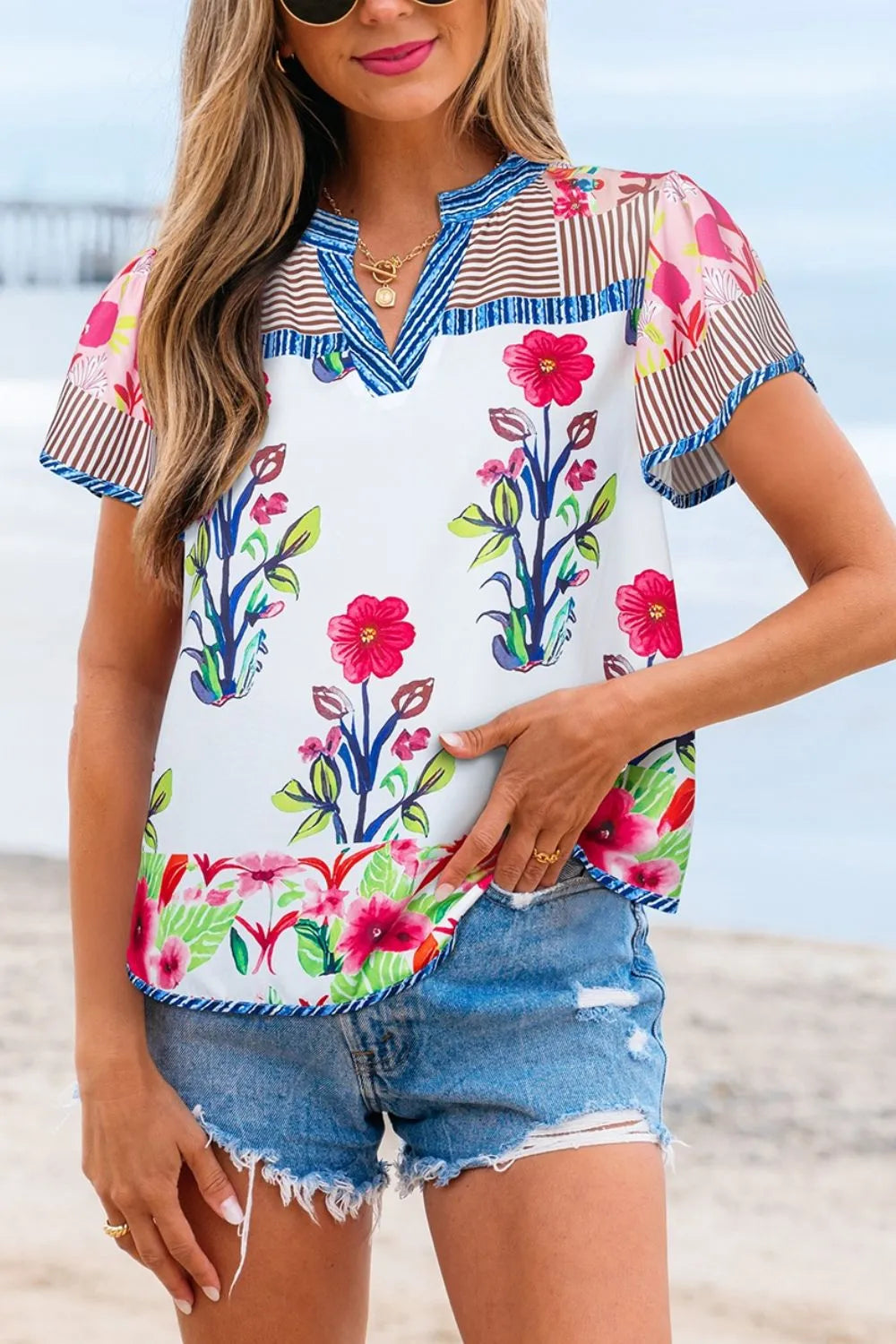 Floral Striped Patchwork Short Sleeve Split Neck Blouse
