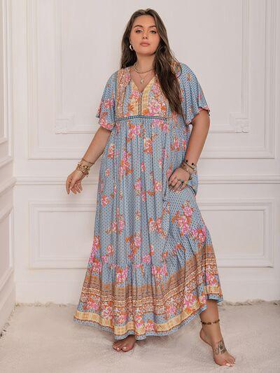 Plus Size Printed Tie Neck Flutter Sleeve Maxi Dress - Clothes For Her Online Store