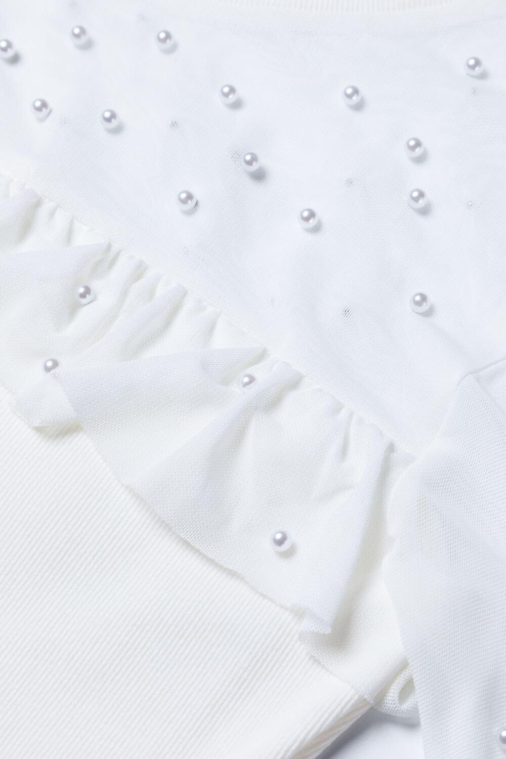 Pearl Decor Mesh Patchwork Ribbed Long Sleeve Top - Clothes For Her Online Store