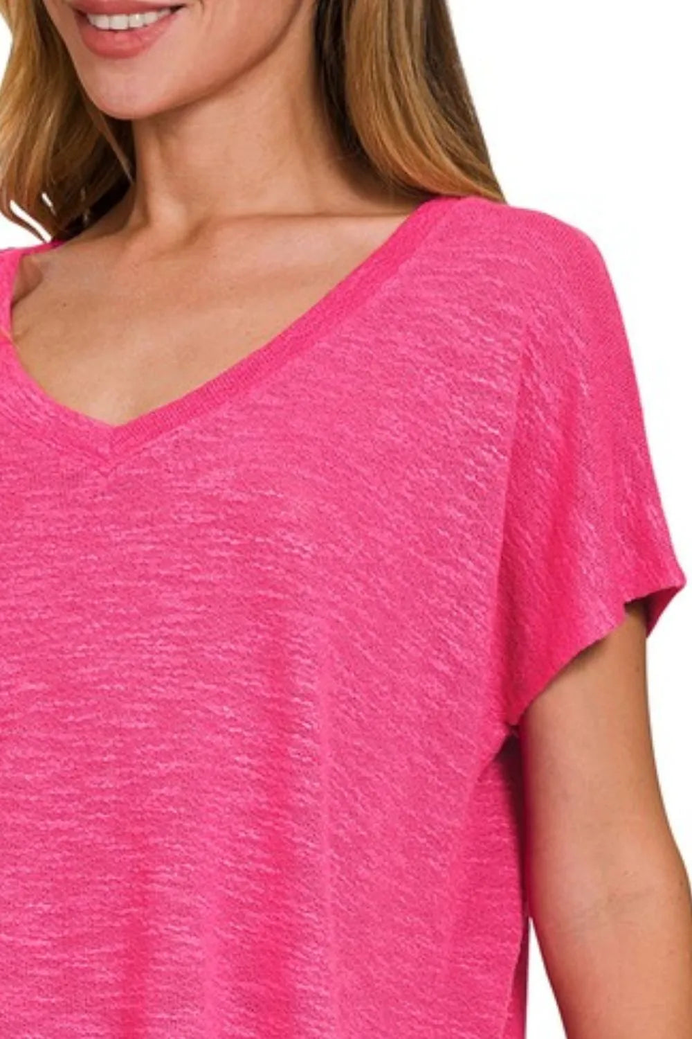 Zenana Hacci Slub V-neck Drop Shoulder Crop Top