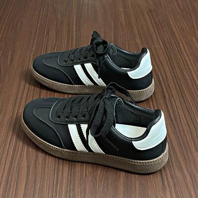 Side Striped Lace Up Round Toe Sneakers - Clothes For Her Online Store