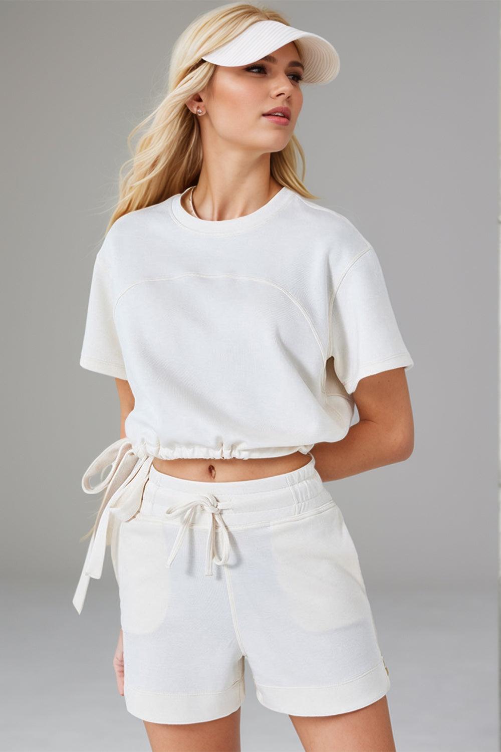 Basic Bae Drawstring Hem Air Scuba Round Neck Short Sleeve T-Shirt - Clothes For Her Online Store