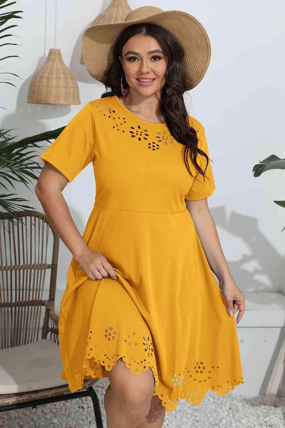 Plus Size Round Neck Openwork Dress - Clothes For Her Online Store