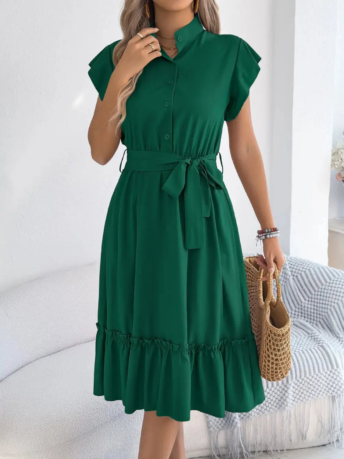 Tie Waist Ruffled Cap Sleeve Dress - Clothes For Her Online Store