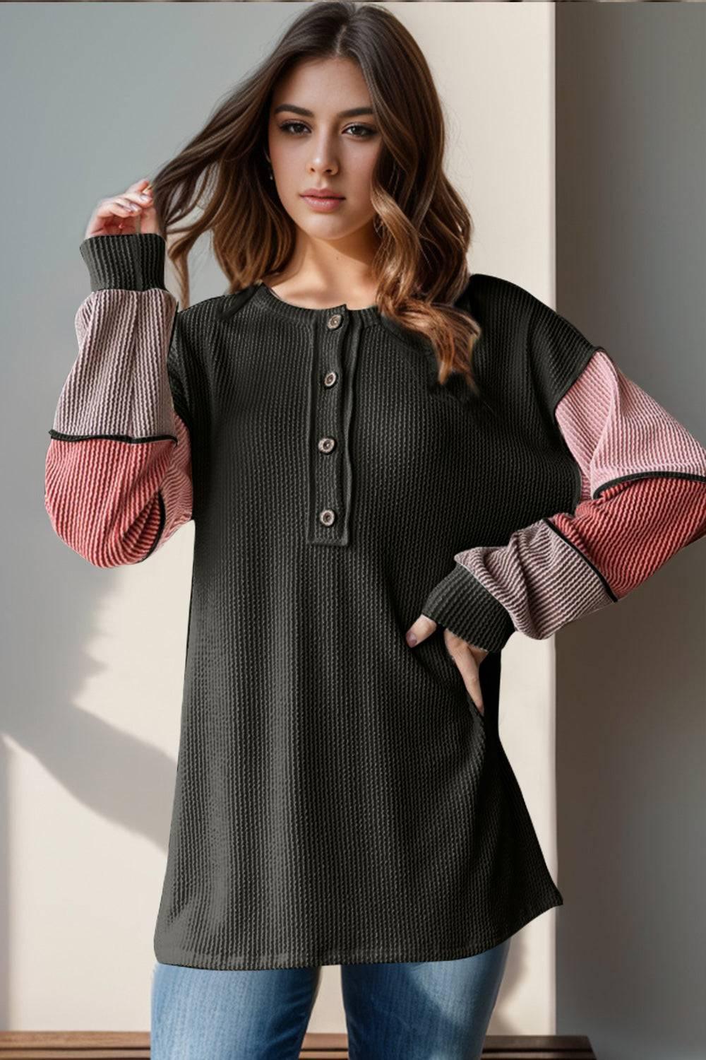 Double Take Full Size Color Block Round Neck Long Sleeve T-Shirt - Clothes For Her Online Store