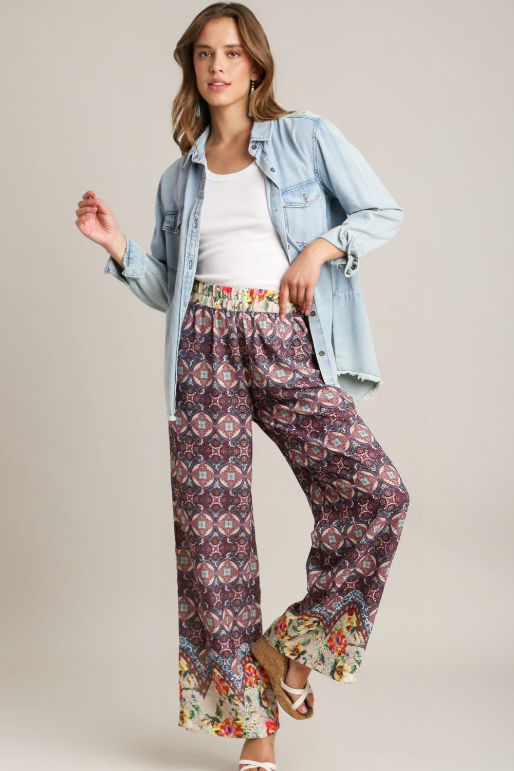 Umgee Full Size Mixed Print Elastic Waistband Pants Plus Size - Clothes For Her Online Store
