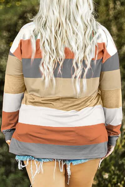 Plus Size Striped Slit Long Sleeve T-Shirt - Clothes For Her Online Store