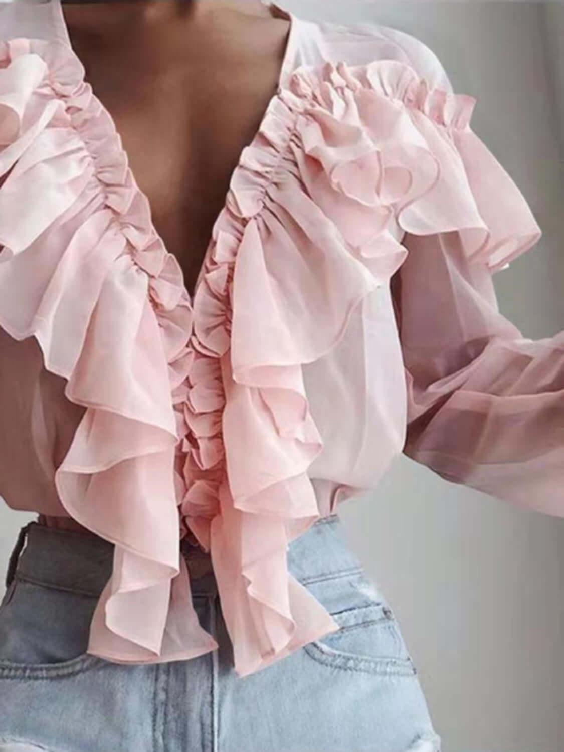 Ruffled V-Neck Long Sleeve Blouse - Clothes For Her Online Store