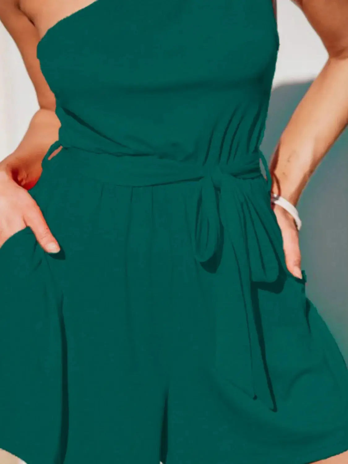Single Shoulder Tie Waist Romper - Clothes For Her Online Store