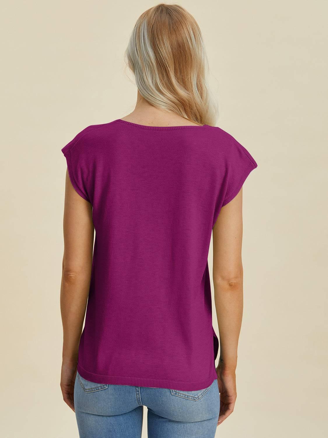 Double Take Full Size Notched Cap Sleeve Knit Top - Clothes For Her Online Store
