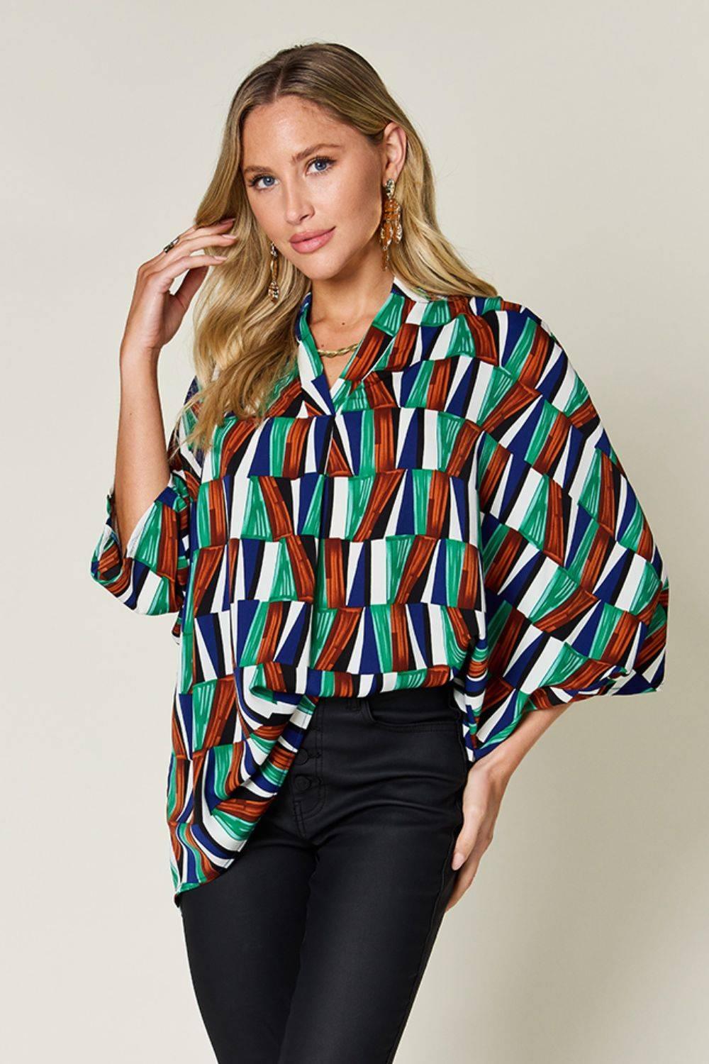 Double Take Full Size Geometric Notched Dolman Sleeve Top - Clothes For Her Online Store