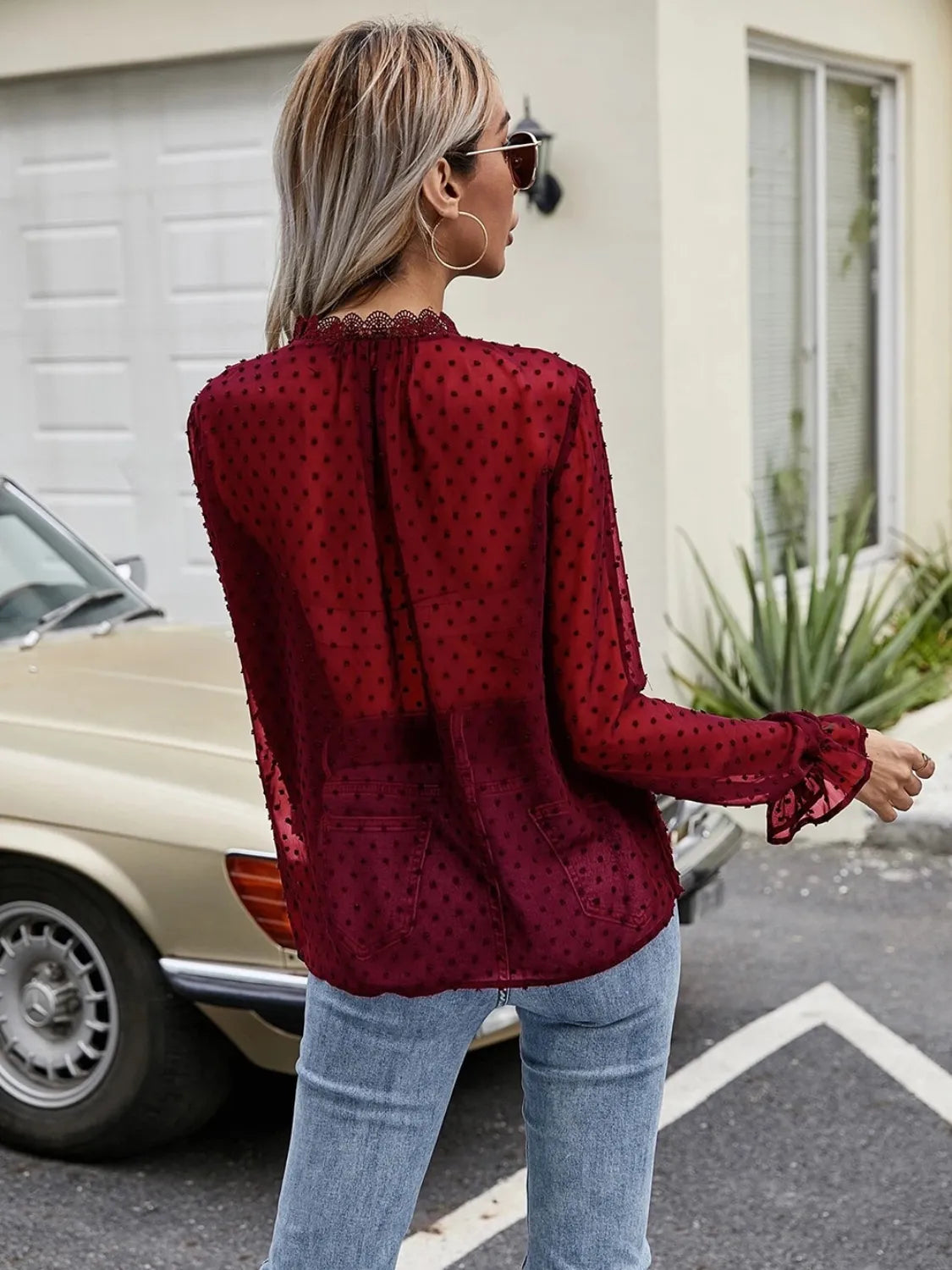 Lace Detail V-Neck Swiss Dot Blouse