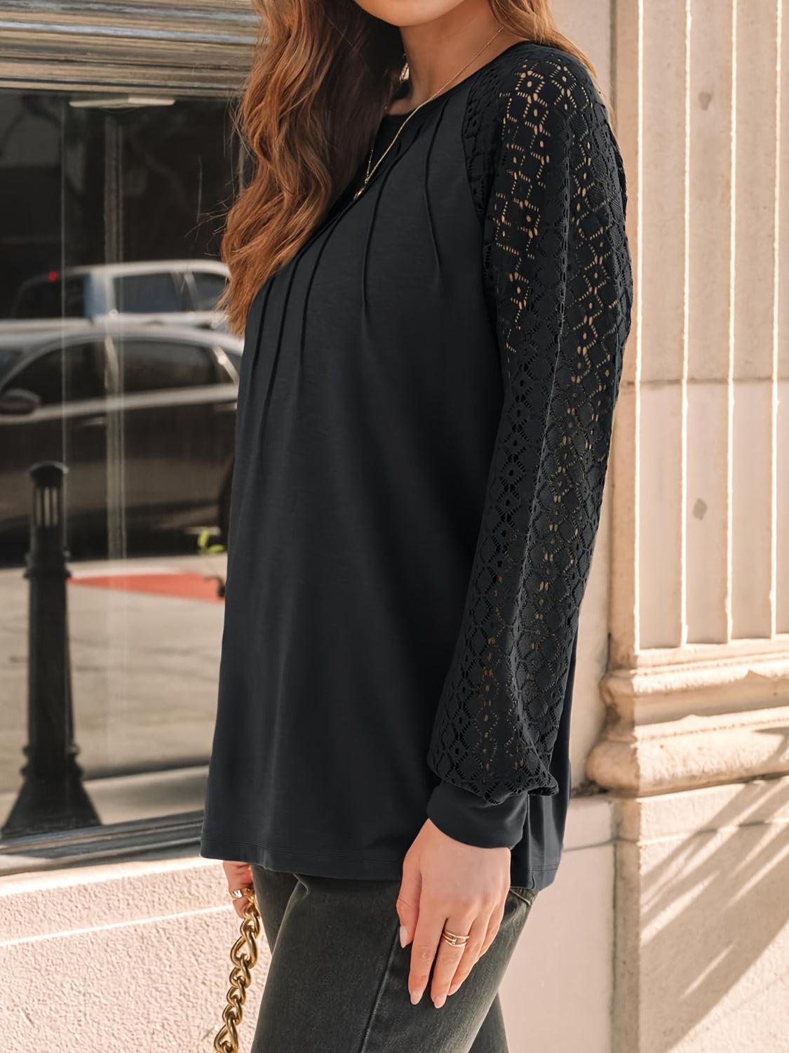 Eyelet Round Neck Long Sleeve Blouse - Clothes For Her Online Store