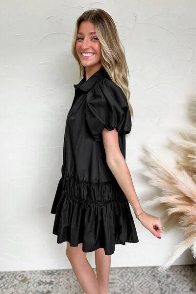Button Down Puff Sleeve Ruffle Hem Dress - Clothes For Her Online Store