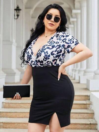 Plus Size Slit Printed Surplice Wrap Dress - Clothes For Her Online Store
