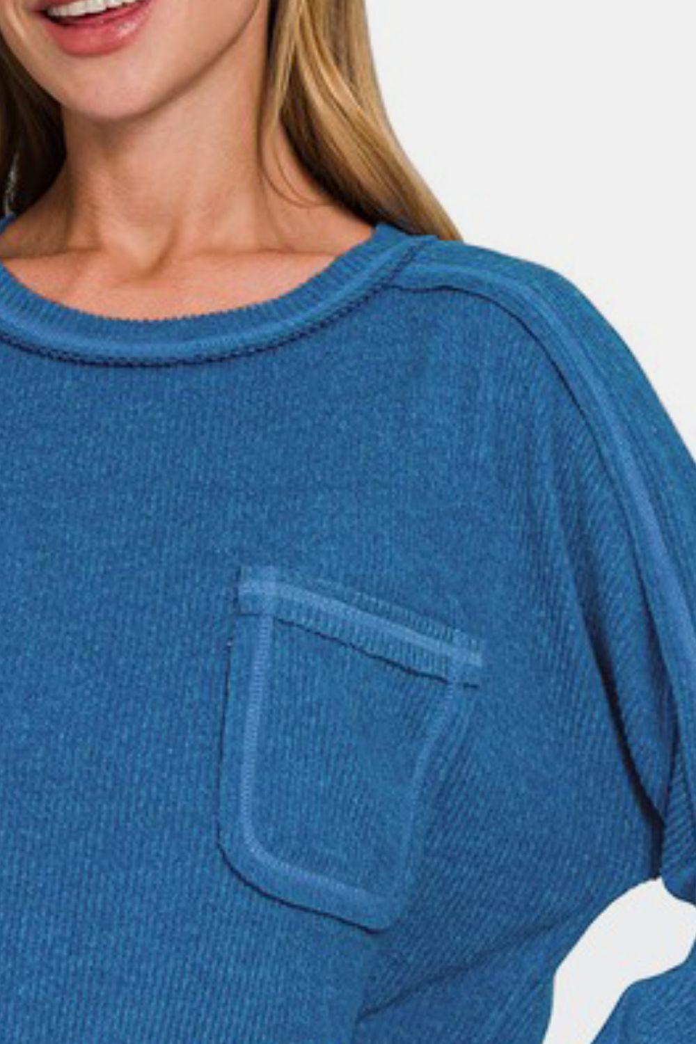 Zenana Full Size Contrast Stitching Brushed Ribbed Hacci Knit Top Plus Size - Clothes For Her Online Store