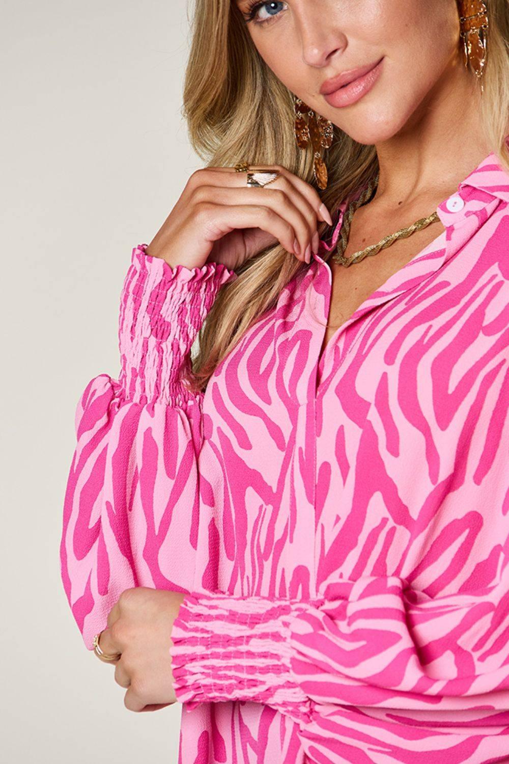 Double Take Full Size Printed Smocked Long Sleeve Blouse - Clothes For Her Online Store