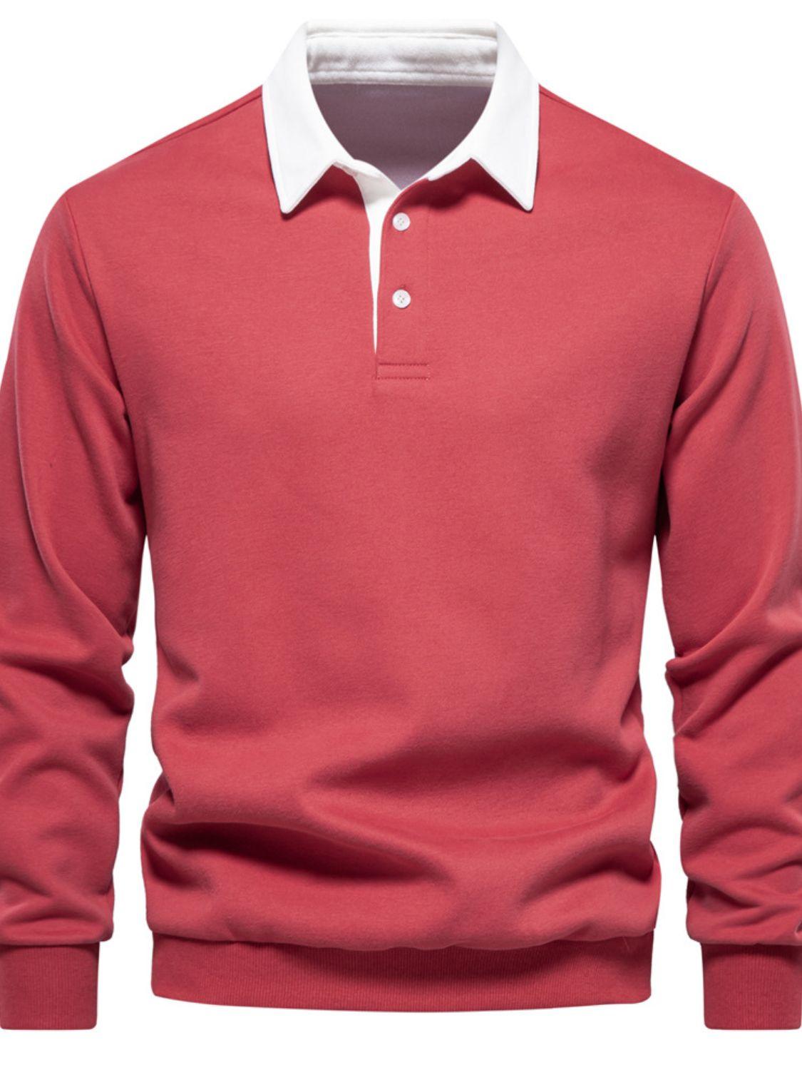 Men's Quarter Button Collared Neck Long Sleeve Polo - Clothes For Her Online Store