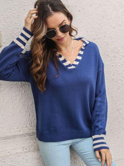 Striped Trim Drop Shoulder Sweater - Clothes For Her Online Store