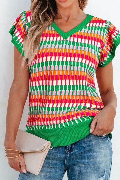 Contrast Striped V-Neck Knit Top - Clothes For Her Online Store