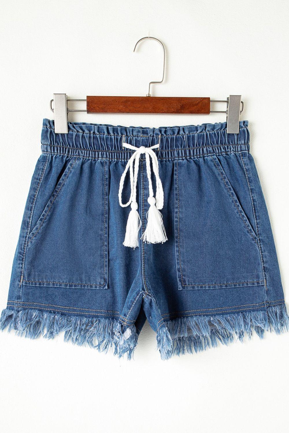 Raw Hem Drawstring High Waist Denim Shorts with Pockets - Clothes For Her Online Store