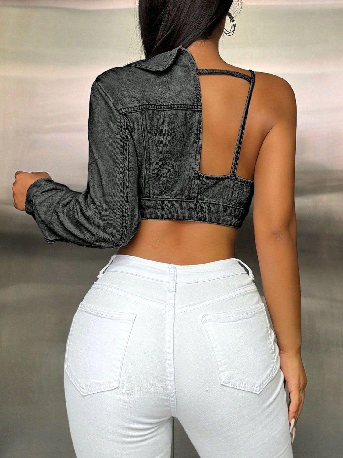 One Shoulder Long Sleeve Cropped Denim Top - Clothes For Her Online Store