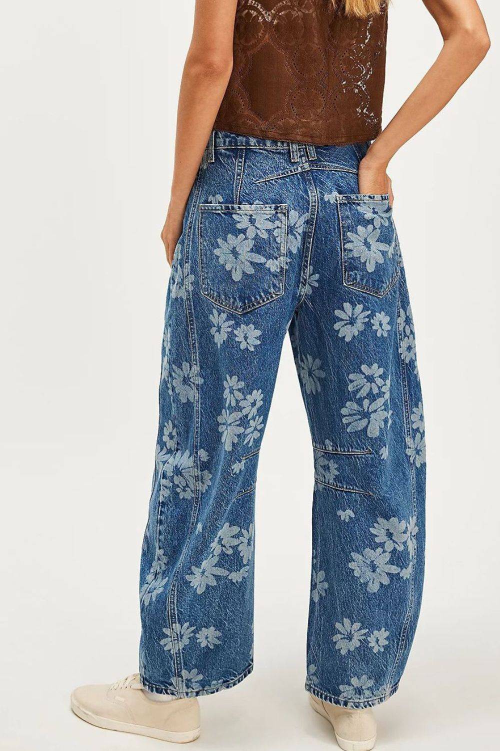 Flower Print Wide Leg Jeans - Clothes For Her Online Store