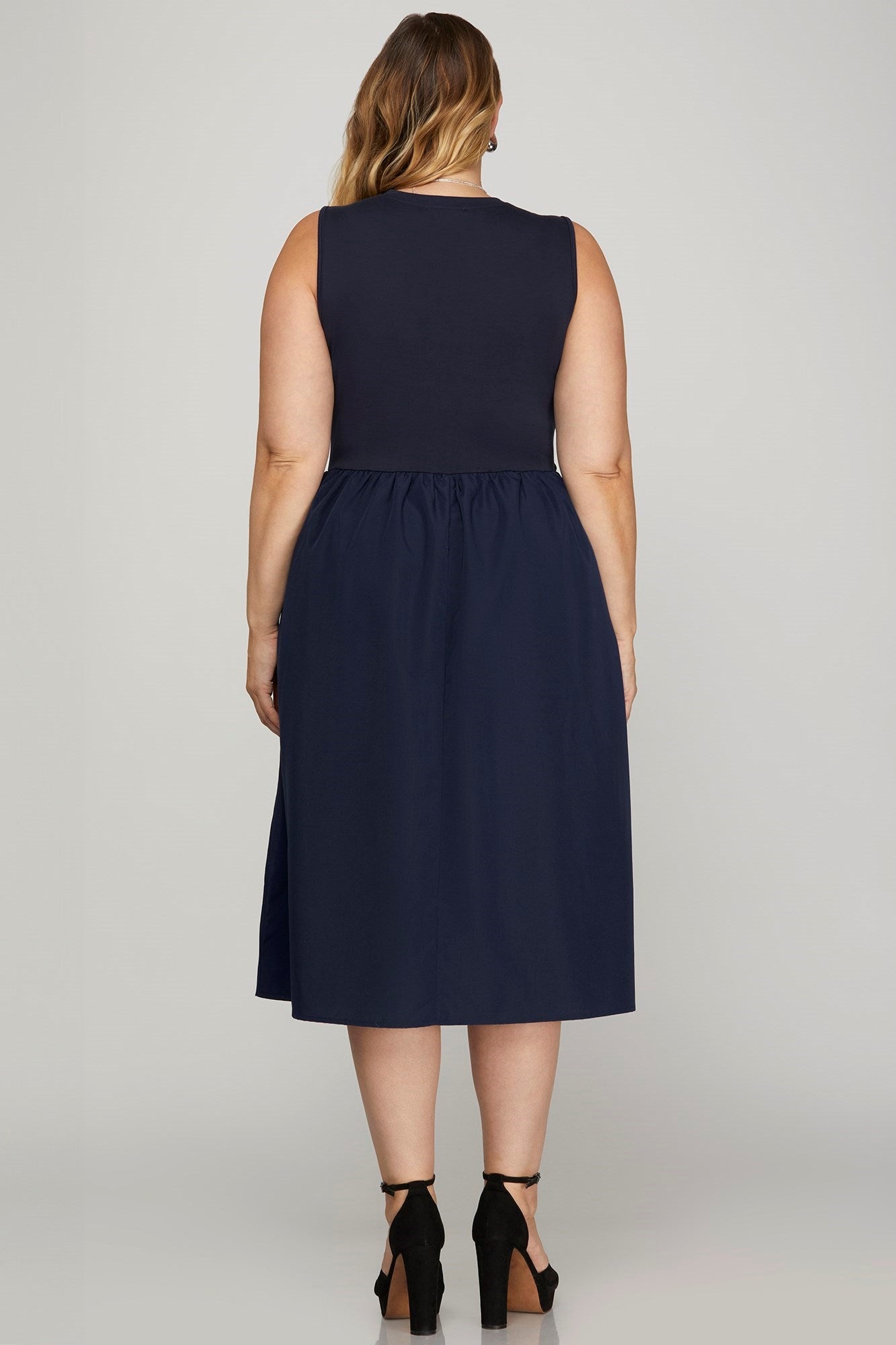 She + Sky Full Size Sleeveless Poplin Woven Midi Dress with Pockets Plus Size - Clothes For Her Online Store