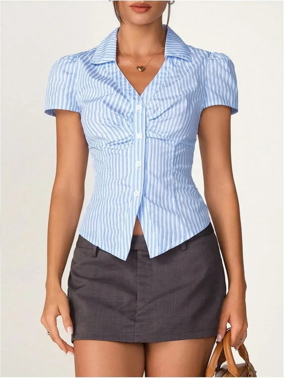 Striped Collared Neck Short Sleeve Shirt