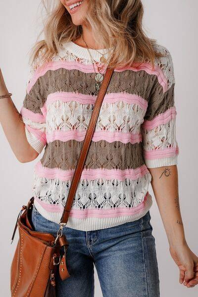 Color Block Openwork Half Sleeve Sweater - Clothes For Her Online Store