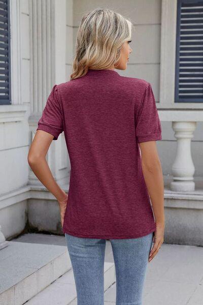 Notched Short Sleeve Solid Color Top - Clothes For Her Online Store