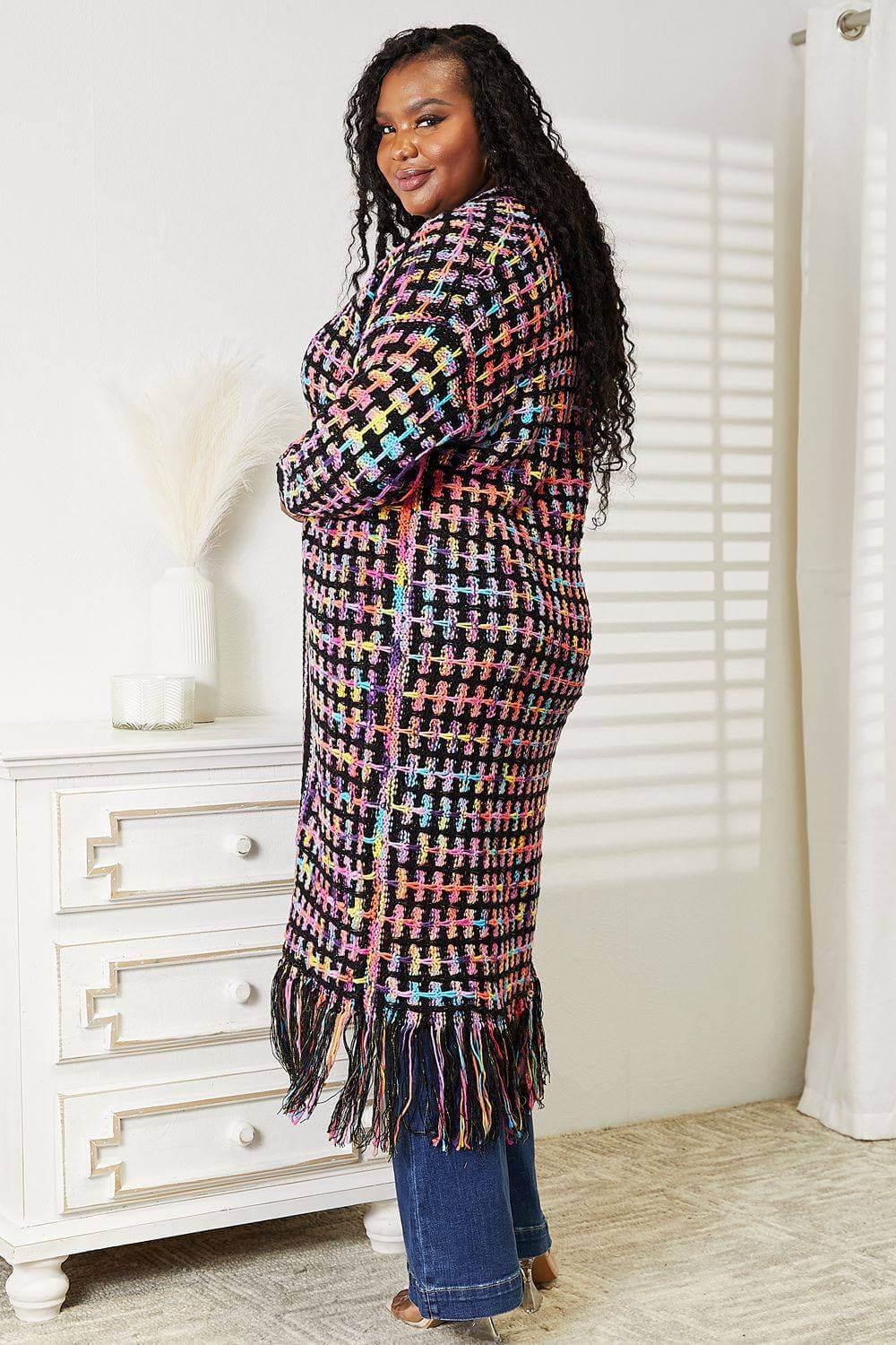 Angel Wings Full Size Multicolored Open Front Fringe Hem Cardigan - Clothes For Her Online Store