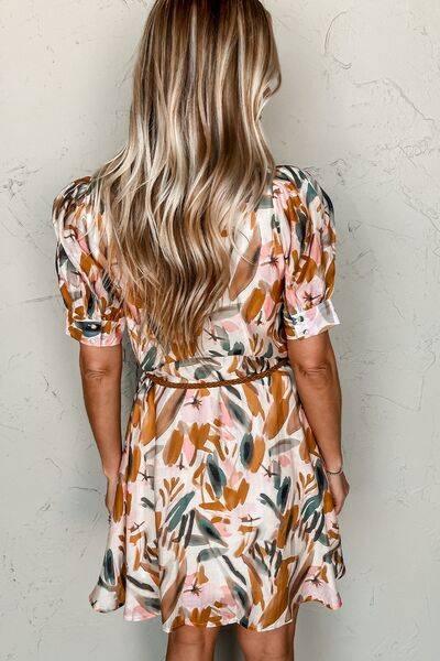 Printed Notched Short Sleeve Mini Dress - Clothes For Her Online Store