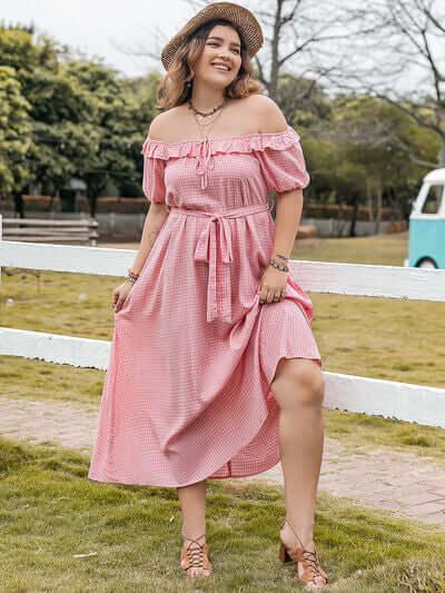 Plus Size Plaid Off-Shoulder Short Sleeve Midi Dress - Clothes For Her Online Store