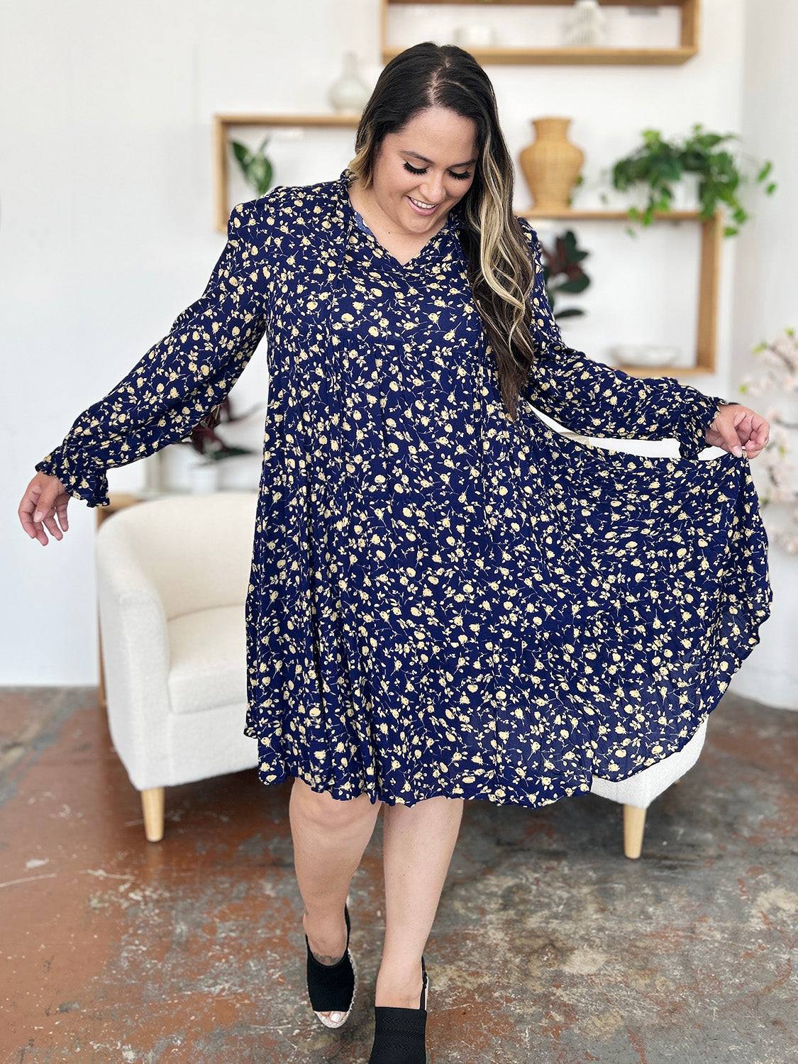 Double Take Full Size Printed Ruffle Hem Long Sleeve Tiered Dress - Clothes For Her Online Store