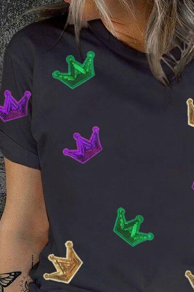 Plus Size Sequin Crown Print Round Neck T-Shirt - Clothes For Her Online Store