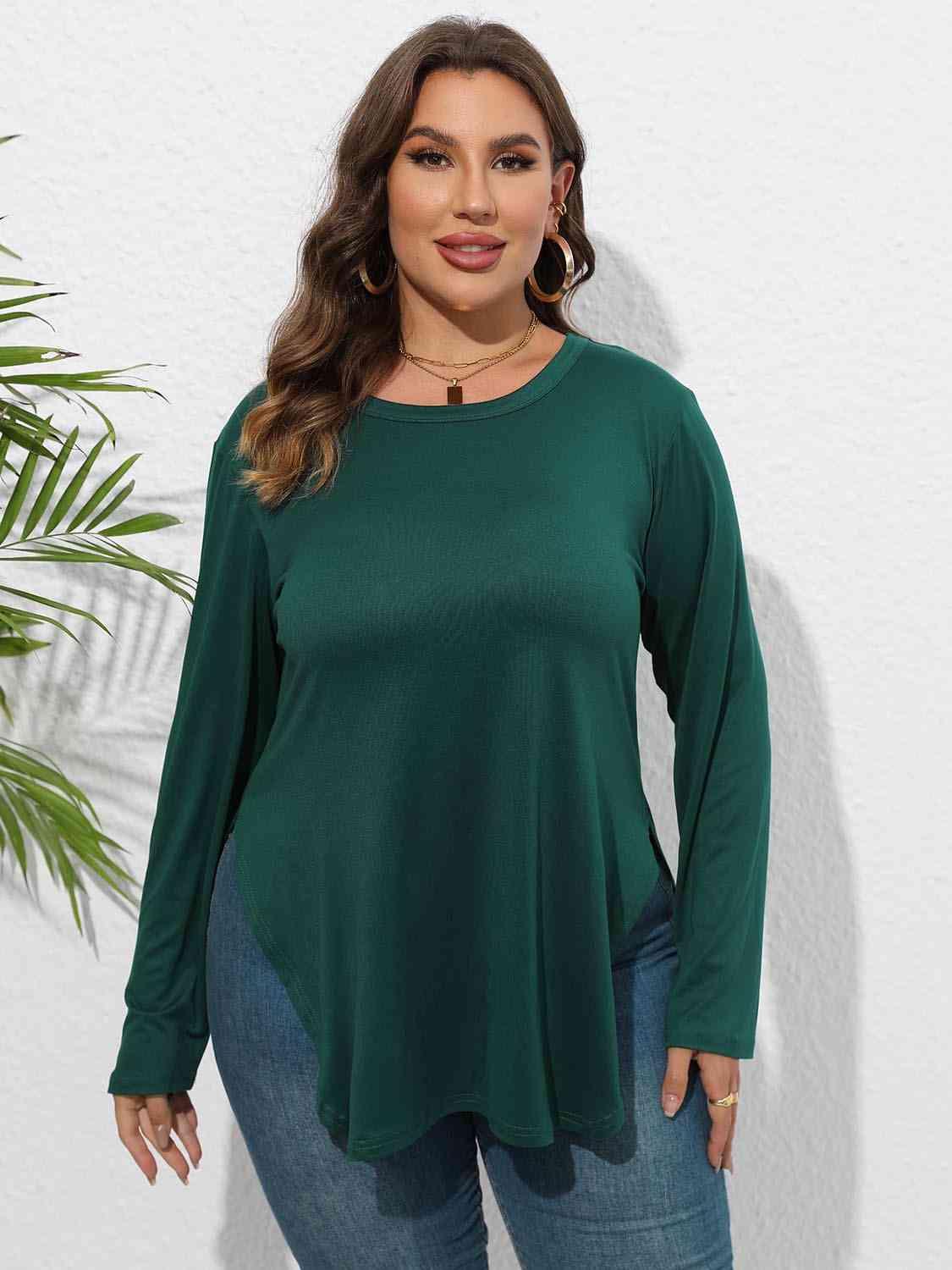 Plus Size Round Neck Long Sleeve Slit T-Shirt - Clothes For Her Online Store