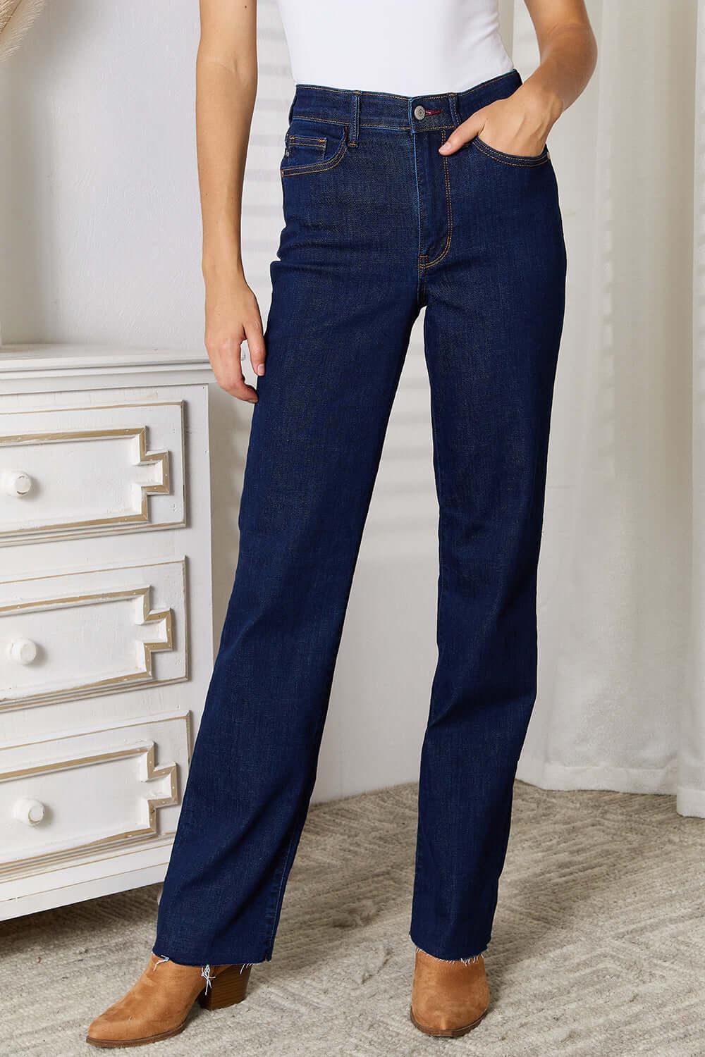Judy Blue Full Size Raw Hem Straight Leg Jeans with Pockets - Clothes For Her Online Store