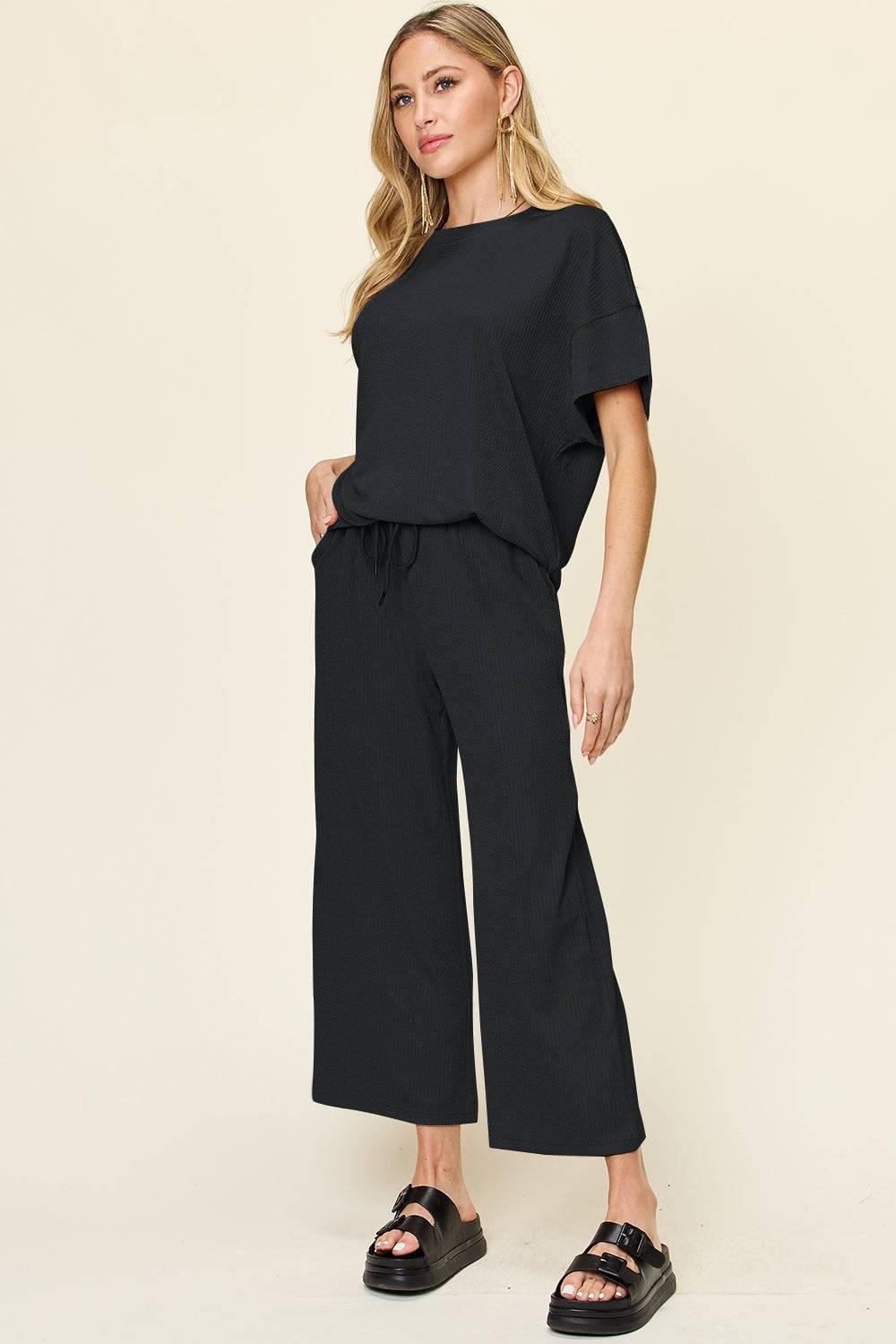 Double Take Full Size Texture Round Neck Short Sleeve T-Shirt and Wide Leg Pants - Clothes For Her Online Store