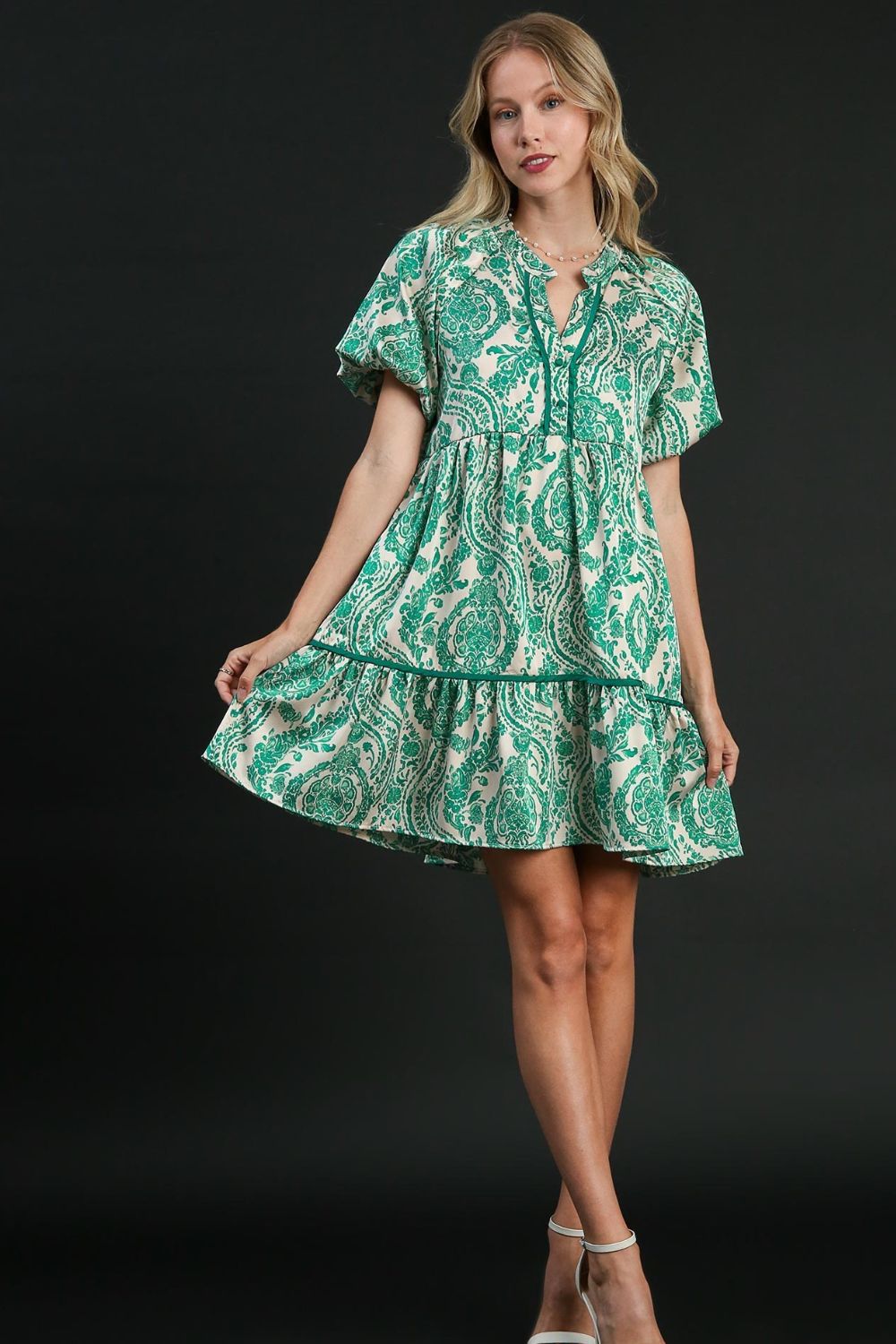 Umgee Full Size Printed Notched Puff Sleeve Mini Dress Plus Size - Clothes For Her Online Store