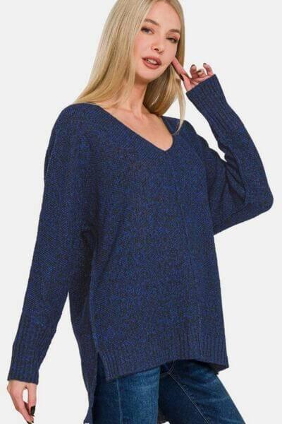 Zenana High-Low Center Seam V-Neck Sweater - Clothes For Her Online Store