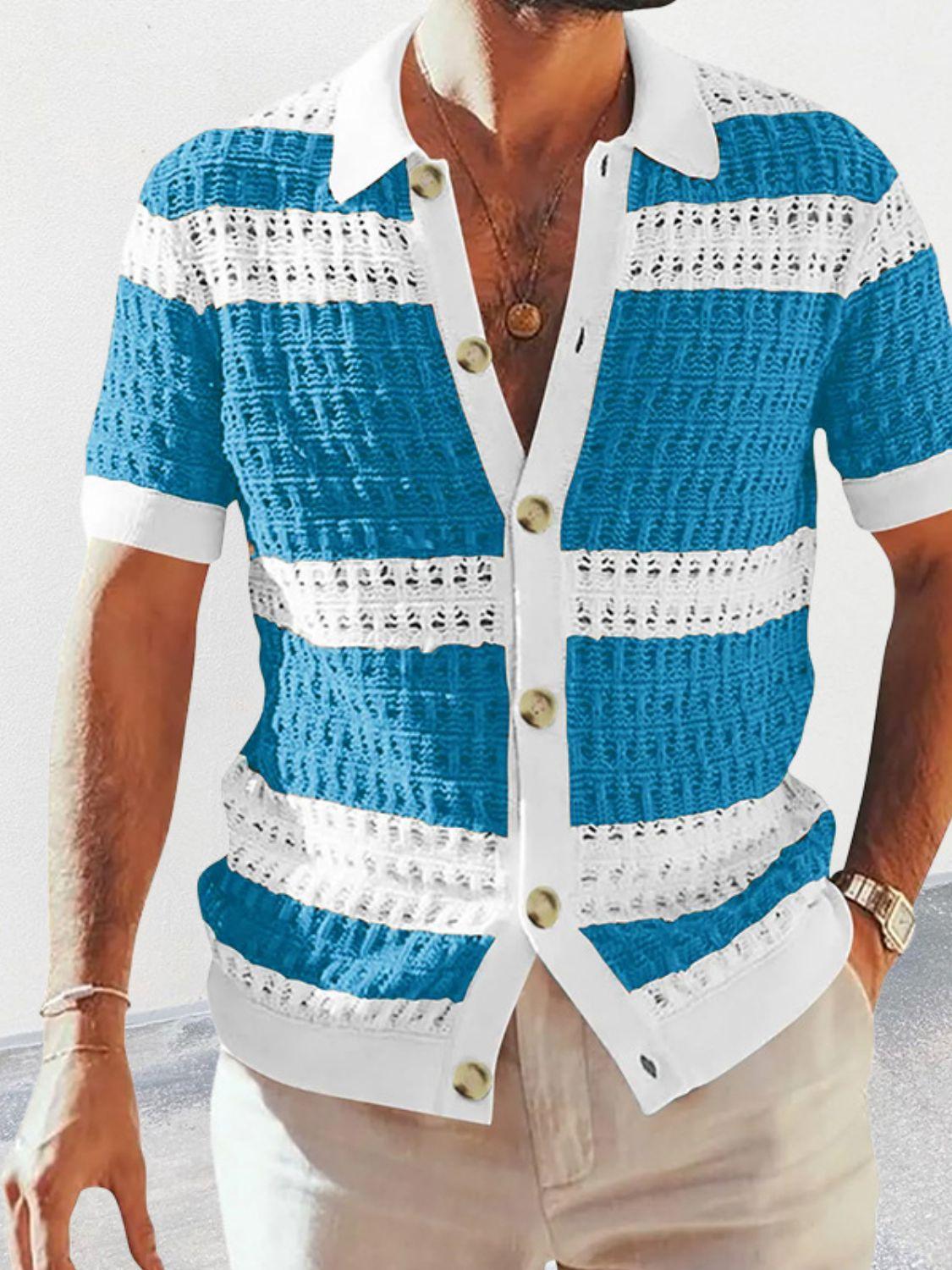 Men's Button Down Collared Neck Contrast Openwork Shirt - Clothes For Her Online Store