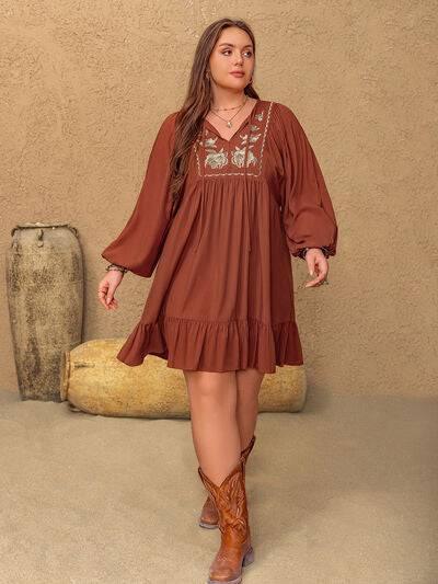 Plus Size Embroidered Tie Neck Balloon Sleeve Mini Dress - Clothes For Her Online Store