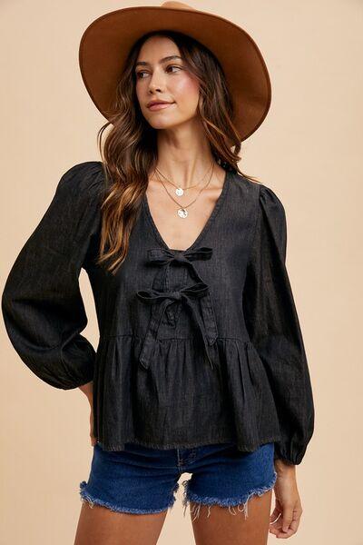 Annie Wear Tie Front Peplum Long Sleeve Denim Top - Clothes For Her Online Store